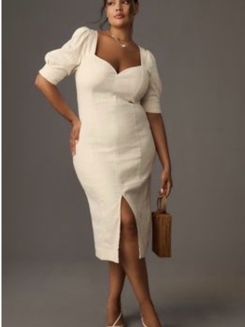 Pilcro Cream Ribbed Midi Dress with Sweetheart Neckline